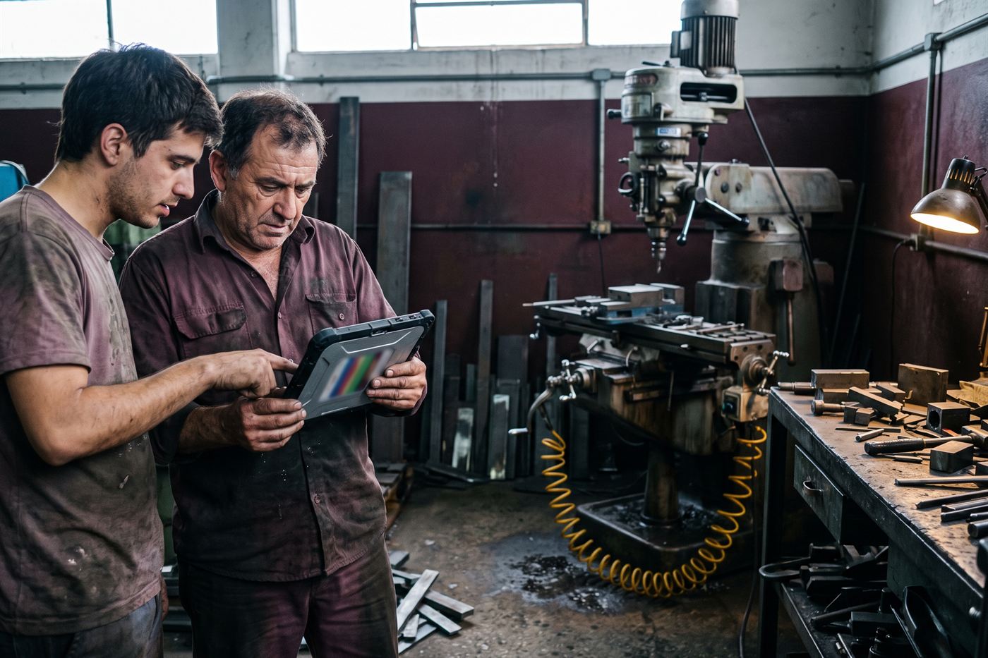 Dos hombres en un taller metalúrgico miran una tablet, intentando entender si lo que ven les sirve